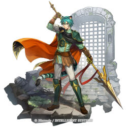  1boy animal_ear_fluff animal_ears aqua_eyes aqua_hair armor belt blue_eyes blue_hair boots brown_belt brown_boots brown_gloves cape commentary duplicate ephraim_(fire_emblem) ephraim_(sky_lance)_(fire_emblem) facial_mark fire_emblem fire_emblem:_the_sacred_stones fire_emblem_shadows gloves green_eyes green_tunic highres holding holding_polearm holding_weapon kemonomimi_mode lance leg_armor looking_at_viewer male_focus mixed-language_commentary nijihayashi official_art orange_cape pants pixel-perfect_duplicate polearm short_hair shoulder_armor siegmund_(lance) solo tail tiger_boy tiger_ears tiger_stripes tiger_tail tunic weapon white_pants 