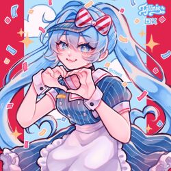  +_+ 1girl :3 aegyo_sal apron artist_name bare_arms black_choker blue_background blue_eyes blue_hair blue_hat blue_sky bow breasts buttons choker closed_mouth clouds commentary confetti day diagonal-striped_bow double-breasted double-parted_bangs dress english_commentary frilled_apron frills hair_between_eyes hair_intakes hands_up hat hatsune_miku heart heart_hands highres ijiinie instagram_logo leaning_forward long_hair mesmerizer_(vocaloid) outside_border petticoat pillarboxed pinstripe_dress pinstripe_hat pinstripe_pattern procreate_(medium) puffy_short_sleeves puffy_sleeves red_bow short_dress short_sleeves sidelocks simple_background sky small_breasts smile solo sparkle standing striped_bow twintails twitter_x_logo two-tone_bow upper_body very_long_hair visor_cap vocaloid waist_apron white_apron white_bow wristband yellow_pupils 