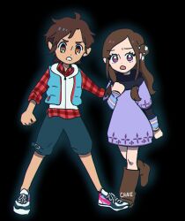  1boy 1girl aqua_vest artist_name black_background black_scarf blue_pants boots brown_boots brown_eyes brown_hair chaie commentary dress english_commentary eyelashes full_body hair_bun highres hood hood_down hooded_jacket jacket junpei_(kyokugen_dasshutsu) kurashiki_akane kyokugen_dasshutsu kyokugen_dasshutsu:_9_jikan_9_nin_9_no_tobira legs_apart long_hair long_sleeves open_clothes open_mouth open_vest outer_glow pants parody plaid_clothes plaid_shirt purple_dress red_shirt scarf shirt shoelaces shoes short_hair simple_background single_side_bun sleeveless sleeveless_jacket style_parody vest violet_eyes world's_end_club 