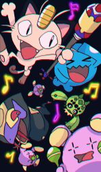  anzu_(01010611) black_background cacnea chromatic_aberration closed_eyes commentary_request fangs highres holding holding_instrument holding_maracas holding_staff instrument maracas meowth musical_note open_mouth pokemon pokemon_(creature) seviper simple_background staff whismur wobbuffet 