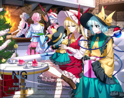  5girls absurdres apron ascot back_bow bat_wings black_hairband black_hat blonde_hair blue_hair blue_shirt boots bow braid brown_boots buttons cake cake_slice character_doll christmas christmas_tree closed_mouth collared_shirt commentary_request cooking couch crossed_legs crystal crystal_wings cup diamond_button doll eyeball fire flandre_scarlet food fork frilled_shirt_collar frilled_sleeves frills fruit frying_pan fur-trimmed_headwear fur_trim green_eyes green_hair green_skirt grey_hair hairband hat hat_bow highres holding holding_frying_pan indoors izayoi_sakuya komeiji_koishi komeiji_satori long_sleeves maid maid_headdress multicolored_wings multiple_girls nubezon on_couch one_side_up pink_hair pink_hat pink_skirt plate red_ascot red_eyes red_hat red_skirt red_vest remilia_scarlet santa_hat saucer shirt siblings sisters sitting skirt skirt_set smile strawberry table tea teacup third_eye touhou vest waist_apron watermark white_bow white_hat wide_sleeves wings yellow_ascot yellow_bow yellow_shirt 