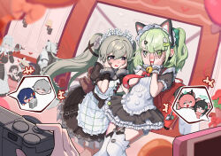  +++ 2boys 6+girls alexandrina_sebastiane anastella_(zenless_zone_zero) animal_bag animal_ear_hairband animal_ears apron aria_(zenless_zone_zero) bangboo_(zenless_zone_zero) bear_bag belle_(zenless_zone_zero) black_garter_straps black_hair blue_hair brother_and_sister camera cat_ear_hairband cat_ears commentary corin_wickes cuffs drusilla_(zenless_zone_zero) ellen_joe english_commentary fake_animal_ears garter_straps green_eyes green_hair grey_hair grin hairband hands_on_own_face heart highres holding holding_camera indoors maid maid_apron maid_headdress multiple_boys multiple_girls nangong_yu official_alternate_costume pink_hair puffy_short_sleeves puffy_sleeves red_bag screw_hair_ornament short_sleeves siblings smile spoken_character sunna_(afternoon_tea_break)_(zenless_zone_zero) sunna_(zenless_zone_zero) taking_picture twintails violet_eyes von_lycaon wise_(zenless_zone_zero) wolf_boy wolf_ears yger zenless_zone_zero 