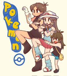  3girls bag boots brown_hair elaine_(pokemon) gloves green_(pokemon) hat height_difference highres in-franchise_crossover leaf_(pokemon) leg_up multiple_girls open_mouth parody pokemon pokemon_adventures pokemon_frlg pokemon_lgpe satchel shoes short_shorts shorts skirt sneakers sofo_soup standing standing_on_one_leg title_parody white_gloves yotsubato!_pose 