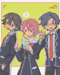  1girl 2boys belt belt_buckle black_belt black_dress black_hair black_jacket black_pants blue_eyes buckle chaos;child chirp_co2 commentary_request crepe cropped_jacket dress dress_shirt food food_on_face glasses hekiho_academy_school_uniform highres holding holding_crepe holding_food itou_shinji_(chaos;child) jacket long_sleeves looking_at_another looking_at_viewer loose_necktie miyashiro_takuru multiple_boys necktie onoe_serika open_clothes open_jacket pants pink_eyes pink_hair red_necktie sailor_collar school_uniform science_adventure shirt short_hair smile teeth upper_teeth_only white_sailor_collar 