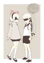  1boy 1girl 2b_(nier:automata) 9s_(nier:automata) alternate_costume balloon black_shoes black_shorts blindfold border bow couple full_body grey_background hair_bow hetero holding holding_balloon holding_hands kneehighs mary_janes naught_nama3 nier:automata nier_(series) pink_bow pod_(nier:automata) shoes short_hair shorts simple_background socks standing white_background white_border white_socks 