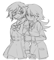  2girls blush breasts chaos;child chest_bow chirp_co2 cropped_jacket dress genderswap genderswap_(mtf) glasses greyscale hekiho_academy_school_uniform itou_shinji_(chaos;child) long_hair medium_hair miyashiro_takuru monochrome multiple_girls nervous_sweating open_mouth ponytail sailor_collar school_uniform science_adventure short_dress small_breasts sweat yuri 