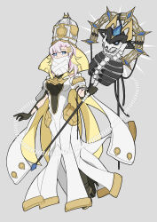  1girl bare_shoulders blue_eyes commentary_request dress duel_monster high_heels highres holding holding_staff mouth_veil pink_hair solo solo_focus staff vanquish_soul_holy_sue veil white_dress xnwv4524 yu-gi-oh! 