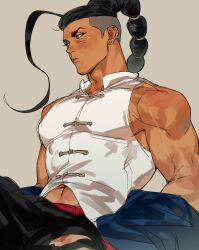  1boy black_hair black_pants blue_jacket brown_eyes collared_shirt commentary_request dark-skinned_male dark_skin earrings grey_background jacket jacket_partially_removed jamie_siu jewelry krkrkrbkkkkkkk long_hair male_focus muscular muscular_male pants parted_lips piercing shirt short_sideburns sideburns simple_background single_bang sleeveless sleeveless_shirt solo street_fighter street_fighter_6 stud_earrings undercut very_long_hair white_shirt 