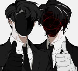  2boys black_gloves black_hair black_jacket black_mask black_necktie collared_shirt commentary covered_face curtained_hair faceless gloves highres jacket lapels library_of_ruina limbus_company male_focus masked multicolored_hair multiple_boys necktie notched_lapels parted_bangs project_moon rien_(project_moon) roland_(project_moon) shiota(thisisshionotsu) shirt short_hair side-by-side simple_background streaked_hair string string_of_fate suit_jacket untranslatable_commentary upper_body white_background white_shirt white_streaks wing_collar 