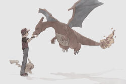  1boy absurdres brown_hair charizard closed_mouth commentary_request from_side hands_up hat highres ichi_kawa_ichi male_focus pants pikachu pokemon pokemon_(creature) pokemon_frlg red_(pokemon) red_hat red_vest shirt shoes short_hair short_sleeves standing vest wristband 