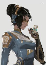  1girl akihare black_hair dark_skin glasses hair_bun hashtag-only_commentary headphones headpiece highres looking_at_viewer looking_to_the_side mechanical_arms mole mole_under_mouth overwatch short_hair signature smile symmetra_(overwatch) white_background white_nails 