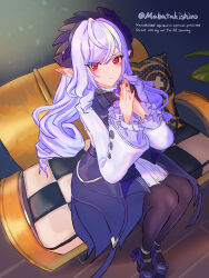  1girl black_nails blush bow bowtie brown_pantyhose closed_mouth commentary_request couch drill_hair drill_sidelocks frilled_sleeves frills gem hairband highres indoors kani_(mabatakishiro) long_hair looking_at_viewer mole mole_under_eye on_couch palms_together pantyhose pillow pointy_ears purple_bow purple_bowtie purple_gem purple_hair purple_hairband purple_shoes red_eyes shoes sidelocks sitting solo twitter_username vivian_banshee zenless_zone_zero 