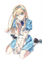  1boy alice's_adventures_in_wonderland alice_(alice_in_wonderland) alice_(alice_in_wonderland)_(cosplay) apron between_legs black_shoes blonde_hair blue_dress blue_eyes blue_hairband blue_ribbon closed_mouth collared_dress colored_eyelashes commentary cosplay crossdressing crossdressing_(mtf) dress frilled_socks frills full_body hairband hand_between_legs highres kuma_(human)_(persona_4) kuma_(persona_4) kurenaikiyumi lace-trimmed_dress lace_trim long_hair looking_at_viewer male_focus neck_ribbon persona persona_4 puffy_short_sleeves puffy_sleeves ribbon shoes short_sleeves simple_background sitting smile socks solo trap untranslatable_commentary wariza white_apron white_background white_socks 