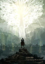  1boy anniversary armor bloody_wolf_(elden_ring) castle city commentary copyright_name elden_ring english_commentary erdtree_(elden_ring) from_behind full_armor full_body highres landscape outdoors plume ruins scenery sky solo standing sword tarnished_(elden_ring) tripdancer weapon 