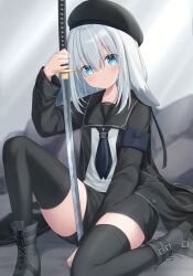  1girl animal_ears arm_up armband beret between_legs black_hat black_jacket black_shorts black_thighhighs blue_eyes blue_neckerchief boots closed_mouth commentary_request floral_print grey_boots grey_hair hair_between_eyes hand_between_legs hat highres holding holding_sword holding_weapon jacket katana kinakon lace-up_boots long_hair looking_at_viewer neckerchief open_clothes open_jacket original shirt shorts solo sword thigh-highs thighhighs_under_boots weapon white_shirt 