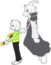  2019 2boys 2d alternate_form animal_ears anthro asriel_dreemurr asriel_dreemurr_(god_of_hyperdeath) barefoot behind_another black_pants black_sclera body_fur colored_sclera commentary delta_rune_(symbol) digital_media droopy_ears dual_persona duo english_commentary face_mark fangs floating floppy_ears from_side full_body furry furry_male goat goat_boy goat_ears goat_horns green_eyes green_sweater grey_eyes holding holding_flower horizontal-striped_clothes horns long_sleeves male male_focus male_only mammal monster monster_boy multiple_boys nanobanana pants petals purple_robe robe simple_background skin_fangs standing striped_clothes striped_sweater sweater transparent_background two-tone_sweater undertale utdr_(toby_fox) white_fur white_horns yellow_flower yellow_stripes 