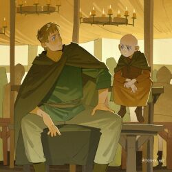  2boys a_knight_of_the_seven_kingdoms a_song_of_ice_and_fire aegon_v_targaryen bald blonde_hair blue_eyes blue_tunic candle chandelier child cloak cocked_eyebrow commentary duncan_the_tall english_commentary etceteraart green_cloak grey_pants height_difference highres looking_at_another male_focus multiple_boys orange_tunic pants short_hair sitting tunic twitter_username violet_eyes 