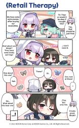  3girls atsuko_(blue_archive) bag bear blue_archive blue_halo bug butterfly commentary copyright_logo copyright_name copyright_notice donmin_h english_commentary grocery_bag halo heart highres hiyori_(blue_archive) logo misaki_(blue_archive) multiple_girls official_art red_halo ribbon shopping_bag white_halo 