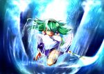  bare_shoulders colored_eyebrows colored_eyelashes detached_sleeves diohazard eyelashes frog glowing gohei green_eyes green_hair hair_ornament highres kochiya_sanae long_hair open_mouth scales snake solo touhou 