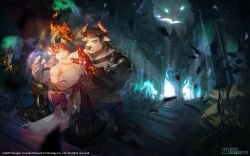  2boys abs animal_ears chang_wen_(furrybar) character_request chinese_commentary closed_eyes closed_mouth commentary_request copyright_logo copyright_name copyright_notice cow_boy cow_ears cow_tail furry furry_male furrybar highres logo looking_at_another male_focus multiple_boys muscular muscular_male official_art pectorals pine_tree tail tree wolf_boy wolf_ears wolf_tail 