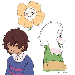  1:1 1other 2025 2boys 2d ambiguous_gender animal_ears anthro artist_name asriel_dreemurr blue_sweater body_fur brown_hair child collared_shirt digital_media double_horizontal_stripe droopy_ears fangs floppy_ears flower flowey_(undertale) frisk_(undertale) furry furry_male goat goat_boy goat_ears green_sweater highres horizontal-striped_clothes human long_sleeves male mammal mochiidraws monster monster_boy multiple_boys pink_stripes plant shirt short_hair simple_background striped_clothes striped_sweater sweater sweater_over_shirt two-tone_sweater undertale utdr_(toby_fox) white_background white_fur white_shirt yellow_flower yellow_stripes 