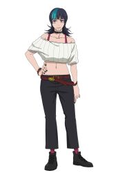  1girl bare_shoulders belt belt_buckle black_boots black_choker black_hair black_nails black_pants blue_hair blush boots bra bra_strap bracelet buckle choker crop_top face_piercing full_body hand_on_own_hip hiramatsu_tadashi hoshi_kirara jewelry jujutsu_kaisen lip_piercing long_hair looking_at_viewer midriff multicolored_hair nail_polish navel off-shoulder_sweater off_shoulder pants piercing pink_bra red_belt red_socks smile socks solo spiked_choker spikes straight-on streaked_hair sweater tachi-e transparent_background trap two-tone_hair underwear violet_eyes 