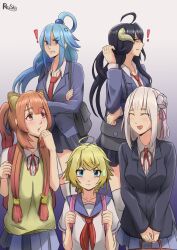  ! 5girls :d ^_^ absurdres ahoge albedo_(overlord) alternate_costume alternate_hairstyle angry animal_ear_fluff animal_ears aqua_(konosuba) artist_logo artist_name backpack bag black_hair black_skirt blonde_hair blue_eyes blue_hair blue_jacket blue_sailor_collar blue_skirt blunt_bangs breasts brown_bag brown_hair child clenched_teeth closed_eyes closed_mouth collarbone collared_shirt commentary cowboy_shot crossed_arms crossover demon_girl demon_horns double-parted_bangs emilia_(re:zero) english_commentary floating_hair flower frown gradient_background grey_bag hair_flower hair_ornament hair_rings hand_up highres horns isekai_quartet jacket kono_subarashii_sekai_ni_shukufuku_wo! light_blush logo long_hair long_sleeves medium_breasts messy_hair metal_hair_tubes miniskirt multiple_girls neck_ribbon neckerchief necktie open_mouth overlord_(maruyama) own_hands_together partially_open_jacket pink_bag pleated_skirt ponyta purple_background raccoon_ears raccoon_girl raphtalia re:zero_kara_hajimeru_isekai_seikatsu rea_skyart74 red_bag red_eyes red_neckerchief red_necktie red_ribbon ribbon sailor_collar school_uniform serafuku shaded_face shirt short_hair short_sleeves shoulder_bag single_hair_ring skirt small_breasts smile straight_hair sweater_vest tanya_degurechaff tate_no_yuusha_no_nariagari teeth thigh-highs upper_body v-shaped_eyebrows white_background white_hair white_serafuku white_shirt white_thighhighs wing_collar yellow_eyes yellow_sweater_vest youjo_senki 