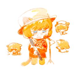  1boy :d androgynous animal_ears animification blonde_hair blue_eyes blush brian_jones cat_boy cat_ears cat_tail chibi chibi_only chinese_commentary coat cocobolo64588 colored_skin commentary_request dot_nose fang fewer_digits full_body hat highres holding holding_microphone long_sleeves looking_ahead looking_at_object male_focus microphone no_pupils open_clothes open_coat open_mouth orange_coat orange_tail puffy_long_sleeves puffy_sleeves real_life short_hair simple_background smile solo standing swept_bangs tail tongue top_hat white_background white_hat white_skin 
