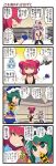  3girls 4koma ^_^ adapted_costume boots bow breasts cleavage closed_eyes comic covering_face crowd dei_shirou elbow_pads fujiwara_no_mokou green_eyes green_hair grin hair_bow hat highres lavender_hair meditation multiple_girls onozuka_komachi pink_hair portable_barricade red_eyes rod_of_remorse shikieiki_yamaxanadu short_shorts shorts smile stadium suspenders thigh_boots thighhighs touhou translated translation_request twintails water waterfall wrestling_outfit wrestling_ring |_| 