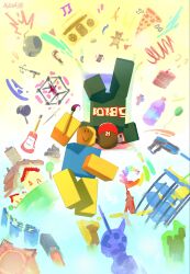  2others arms_behind_head banana bird bomb chicken coil drink explosive flakey_9000 floating floating_object food fruit full_body guest_(roblox) guitar highres holding holding_paintbrush instrument lying magic_carpet multiple_others noob_(roblox) on_back paintbrush roblox stuffed_animal stuffed_toy teddy_bear 