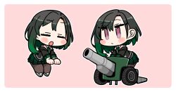  1girl a.i._voice black_hair black_jacket black_pantyhose blush_stickers border cannon chibi chibi_only closed_eyes closed_mouth collared_shirt commentary_request full_body gradient_hair green_hair green_necktie green_skirt highres ini_(inunabe00) jacket long_sleeves multicolored_hair multiple_views necktie open_mouth outline pantyhose pink_background pleated_skirt red_eyes shirt shoes short_hair simple_background skirt two-tone_hair white_border white_outline white_shirt white_shoes yuise_kanon 