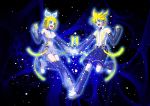  blonde_hair blue_eyes choker detached_sleeves hairclip headphones highres holding_hands kagamine_len kagamine_len_(append) kagamine_rin kagamine_rin_(append) leg_warmers len_append navel navel_cutout open_mouth popped_collar rin_append short_hair shorts vocaloid vocaloid_append 