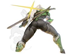  1boy back boots cyborg dbk_rkgk genji_(overwatch) green_boots green_suit highres holding holding_sword holding_weapon katana ninja overwatch scarf smoke sparkle suit sword wakizashi weapon white_scarf 
