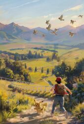  1boy absurdres anniversary backpack bag brown_bag bush clouds commentary_request day fence field flower grass hat highres jacket male_focus mew_(pokemon) mountainous_horizon outdoors pants path pidgey pikachu pokemon pokemon_(creature) pokemon_day pokemon_rgby realistic red_(pokemon) red_hat rick_parsa road running scenery shoes short_sleeves signature sky standing tree white_shoes 