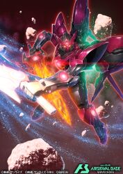  asteroid asymmetrical_dual_wielding axe bettle_(b_s_a_n) copyright_name dual_wielding fire flaming_sword flaming_weapon full_body gundam gundam_arsenal_base gundam_exia_dark_matter holding holding_axe mecha official_art robot space sword weapon 