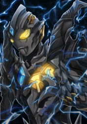  1boy alien arm_out_of_frame armor black_background black_skin breastplate chinese_commentary color_timer colored_skin commentary compound_eyes crystal cupping_hand dorsal_fin elbow_spikes electricity english_commentary forehead_jewel full_armor giant giant_male glowing glowing_eyes gold_trim grey_skin hand_up highres looking_ahead male_focus mixed-language_commentary miying_(13975192760) multicolored_skin no_pupils pectorals shoulder_spikes solo spikes tokusatsu toned toned_male trigger_dark two-tone_skin ultra_series ultraman_trigger_(series) upper_body yellow_eyes 
