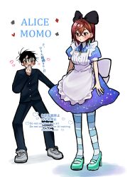  1boy 1girl absurdres alice_(alice_in_wonderland) alice_(alice_in_wonderland)_(cosplay) apron aqua_shoes ayase_momo back_bow black_bow black_hair black_hairband black_jacket black_pants blue_dress blush bow breasts brown_eyes brown_hair character_name collared_dress commentary cosplay crossed_bangs dandadan dress earrings full_body gakuran glasses gold_buttons hair_between_eyes hair_bow hairband hand_to_own_mouth high_heels highres jacket jewelry kakko_xxx looking_at_another medium_breasts open_mouth pants pantyhose puffy_short_sleeves puffy_sleeves red_eyes round_eyewear school_uniform shoes short_hair short_sleeves sneakers striped_clothes striped_pantyhose sweatdrop takakura_ken_(dandadan) thick_eyebrows twitter_username white_apron white_background white_shoes 