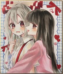  2girls blush bow brown_hair collared_shirt commentary fujiwara_no_mokou grey_hair hair_bow heart highres houraisan_kaguya long_hair long_sleeves multiple_girls open_mouth pink_shirt red_eyes shikishi shirt smile suspenders sweatdrop tamiko_(tamik0224) touhou traditional_media untranslatable_commentary very_long_hair white_shirt yuri 