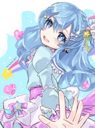  1girl :d artist_name back_bow beads beamed_eighth_notes black_bow blouse blue_background blue_bow blue_eyes blue_hair blue_shirt blush bow bow_earrings braid bright_pupils commentary_request cowboy_shot crossed_bangs double-parted_bangs earrings facial_mark frilled_shirt_collar frilled_sleeves frills from_side hair_beads hair_bobbles hair_bow hair_ornament hairpin heart heart_background highres hololive idol_clothes jewelry juliet_sleeves jun_(rellik_&amp;_redrum) long_sleeves looking_at_viewer looking_back mark_under_both_eyes miniskirt musical_note musical_note_hair_ornament open_hand open_mouth pink_bow pink_trim puffy_sleeves shaft_look shirt shooting_star skirt smile solo star-shaped_pupils star_(symbol) star_facial_mark star_hair_ornament stud_earrings super_idol_comet-chan symbol-shaped_pupils two-tone_background virtual_youtuber white_skirt wing_hair_ornament 