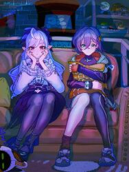  2girls ahoge arcade_cabinet bangboo_(zenless_zone_zero) belle_(zenless_zone_zero) black_nails black_thighhighs blue_hair blush bow bowtie bracelet center_frills closed_mouth commentary_request couch crossed_bangs drill_hair drill_sidelocks earrings fingerless_gloves frilled_sleeves frills gem gloves green_eyes hair_between_eyes hair_ornament hands_on_own_cheeks hands_on_own_face highres hugging_object indoors jewelry kani_(mabatakishiro) letter_hair_ornament long_hair looking_at_viewer mole mole_under_eye multiple_girls on_couch open_mouth orange_gloves pillow pillow_hug pointy_ears purple_bow purple_bowtie purple_gem purple_hair purple_shoes red_eyes shelf shoes short_hair sidelocks single_fingerless_glove single_glove single_thighhigh sitting smile thigh-highs vivian_banshee zenless_zone_zero zzz 