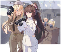  4girls alternate_costume binoculars black_necktie blonde_hair blue_eyes border breast_pocket breasts brown_hair brown_jacket brown_pants cherry_blossoms commentary_request dixie_cup_hat epaulettes fairy_(kancolle) flower gloves hair_between_eyes hair_flower hair_intakes hair_ornament hat headgear headphones highres himeyamato holding holding_binoculars huge_breasts indoors iowa_(kancolle) jacket kantai_collection large_breasts long_hair long_sleeves military_hat military_uniform mini_person minigirl multiple_girls naval_dress_uniform naval_uniform necktie one_eye_closed pants pocket ponytail red_eyes sidelocks size_difference standing star-shaped_pupils star_(symbol) symbol-shaped_pupils twintails very_long_hair white_border white_gloves white_jacket yamato_(kancolle) 