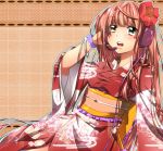  bracelet flower hair_flower hair_ornament headphones heterochromia japanese_clothes jewelry kimono long_hair obi original pink_hair sakuragi_ren solo 