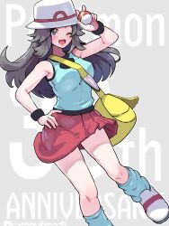  1girl bag bar_censor black_hair blue_shirt boris_(noborhys) breasts censored commentary hand_on_own_hip hat highres leaf_(pokemon) long_hair medium_breasts miniskirt one_eye_closed poke_ball poke_ball_(basic) pokemon pokemon_frlg red_skirt shirt shoulder_bag skirt sleeveless sleeveless_shirt smile translated white_hat yellow_bag 