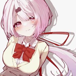  1girl arms_behind_back asemin_776 blush bow bowtie breasts cardigan closed_mouth collared_shirt hair_ornament hair_ribbon hairclip highres large_breasts long_hair looking_at_viewer nijisanji pink_eyes pink_hair red_bow red_bowtie red_ribbon ribbon school_uniform shiina_yuika shiina_yuika_(1st_costume) shirt smile solo swept_bangs twitter_username virtual_youtuber white_background white_shirt yellow_cardigan 