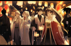  2boys 2girls absurdres angela_(project_moon) architecture ayin_(project_moon) bear_hair_ornament black_hair black_robe brown_hair carmen_(project_moon) chinese_clothes closed_mouth east_asian_architecture festival fireworks food fur-trimmed_robe fur_trim hair_ears hair_ornament hand_fan hanfu high_ponytail highres hokma_(project_moon) holding holding_lantern jewelry lantern letterboxed lobotomy_corporation long_hair long_sleeves multiple_boys multiple_girls nanan_qian necklace night one_side_up open_clothes open_robe paper_lantern parted_bangs people ponytail project_moon red_eyes red_robe robe smile tassel very_long_hair white_hair white_robe wide_sleeves yellow_eyes 