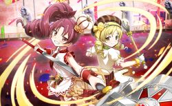  2girls abstract_background anime_coloring apron argyle_bow argyle_clothes argyle_skirt artist_request ascot back-to-back beret blonde_hair bow brooch brown_bow brown_hat brown_skirt bubble_skirt buttons chef_hat closed_mouth cowboy_shot dot_nose double-breasted drill drill_hair embers fang floating_clothes floating_hair flower flower_button food food-themed_clothes frilled_shirt frilled_sleeves frills fruit game_cg gem gloves gold_buttons green_ascot grin hair_bow hair_flower hair_ornament happy hat hat_bow hat_flower hat_ornament high_side_ponytail highres holding holding_polearm holding_weapon holding_whip icing jewelry lace-trimmed_apron lace-trimmed_headwear lace-trimmed_skirt lace-trimmed_wrist_cuffs lace_trim leaf lemon lemon_hat_ornament lemon_slice light_blush light_particles long_hair looking_back magical_girl mahou_shoujo_madoka_magica mahou_shoujo_madoka_magica_(anime) mahou_shoujo_madoka_magica_magia_exedra mini_chef_hat mini_hat miniskirt motion_lines multiple_girls official_alternate_costume official_art orange_flower orange_rose outline pizza_cutter plaid_ascot plaid_bow plaid_clothes polearm puffy_short_sleeves puffy_sleeves red_ascot red_bow red_eyes red_gem red_hair red_wrist_cuffs ribbon-trimmed_apron ribbon_trim rose sakura_kyoko sakura_kyoko_(crimson_confectioner) shirt short_sleeves skirt sleeve_bow sleeveless sleeveless_shirt smile striped_clothes striped_headwear tareme third-party_source tomoe_mami tomoe_mami_(panna_vorticosa) tsurime twin_drills v-shaped_eyebrows vertical-striped_clothes vertical-striped_headwear waist_apron waist_bow weapon whip white_apron white_flower white_gloves white_outline white_shirt witch's_labyrinth wrist_cuffs yellow_bow yellow_eyes yellow_wrist_cuffs 