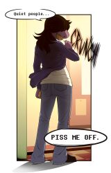  1girl 2019 2d anthro back blue_pants border box chalk checked_floor colored_skin commentary deltarune deviantart_sample digital_media eating english_commentary english_text female female_only floor from_behind full_body hair_over_eyes highres holding holding_box holding_chalk image_sample jacket lizard lizard_girl long_hair long_sleeves monster monster_girl nanobanana pants purple_hair purple_jacket purple_skin reptile reptile_girl scalie sharp_teeth shirt solo sound_effects speech_bubble standing susie_(deltarune) teeth text transparent_border utdr_(toby_fox) white_shirt yellow_teeth 