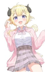  1girl :d ahoge animal_ears blonde_hair blush bow bowtie breasts buttons collared_shirt commentary_request cowboy_shot curled_horns double-parted_bangs fingernails grey_skirt hair_ornament hairclip hairpin heart heart_hair_ornament highres hololive horns jacket large_breasts long_sleeves looking_at_viewer loose_bowtie miniskirt mizuhi_kou multiple_hair_clips multiple_hairpins official_alternate_costume official_alternate_hairstyle open_clothes open_jacket open_mouth parallel_hairclips pink_bow pink_bowtie pink_jacket plaid_clothes plaid_skirt pleated_skirt sheep_ears sheep_girl sheep_horns shirt short_hair short_hair_with_long_locks simple_background skirt smile solo taut_clothes taut_skirt tsunomaki_watame tsunomaki_watame_(school_uniform) two_side_up violet_eyes virtual_youtuber w_arms white_background white_shirt 