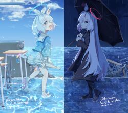  2girls arm_up arona_(blue_archive) black_coat black_pantyhose black_serafuku black_shoes blue_archive blue_hair blue_shirt blush coat colored_inner_hair commentary dated dinosaur59487 full_body grey_hair highres holding holding_umbrella loafers long_hair looking_at_viewer looking_to_the_side multicolored_hair multiple_girls pantyhose pink_hair plana_(blue_archive) rain ruins school_uniform serafuku shallow_water shirt shoes short_hair skirt smile sneakers stitched straight_hair twitter_username two-tone_hair umbrella very_long_hair water white_shoes white_skirt 