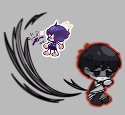  2boys alternate_color antenna_hair ball_gag barefoot black_shorts black_socks black_tank_top blurry blurry_foreground checkered_clothes chibi chibi_only closed_eyes closed_mouth colored_skin commentary double-parted_bangs english_commentary gag grey_background hair_between_eyes highres kel_(headspace)_(omori) kel_(omori) kneehighs linglanjunying multiple_boys omori omori_(omori) outline purple_hair red_outline shorts simple_background socks striped_clothes striped_shorts tank_top translation_request two-tone_shorts vertical-striped_clothes vertical-striped_shorts white_outline white_shorts white_skin 